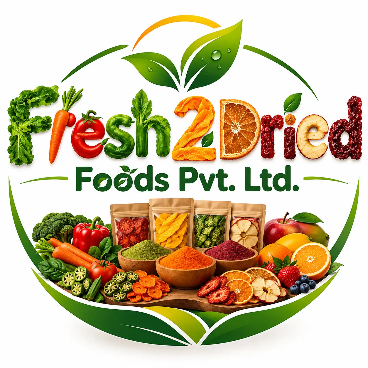 Fresh fruits and vegetable with powders foam, words mentioned Fresh2Dried Foods Pvt. Ltd.